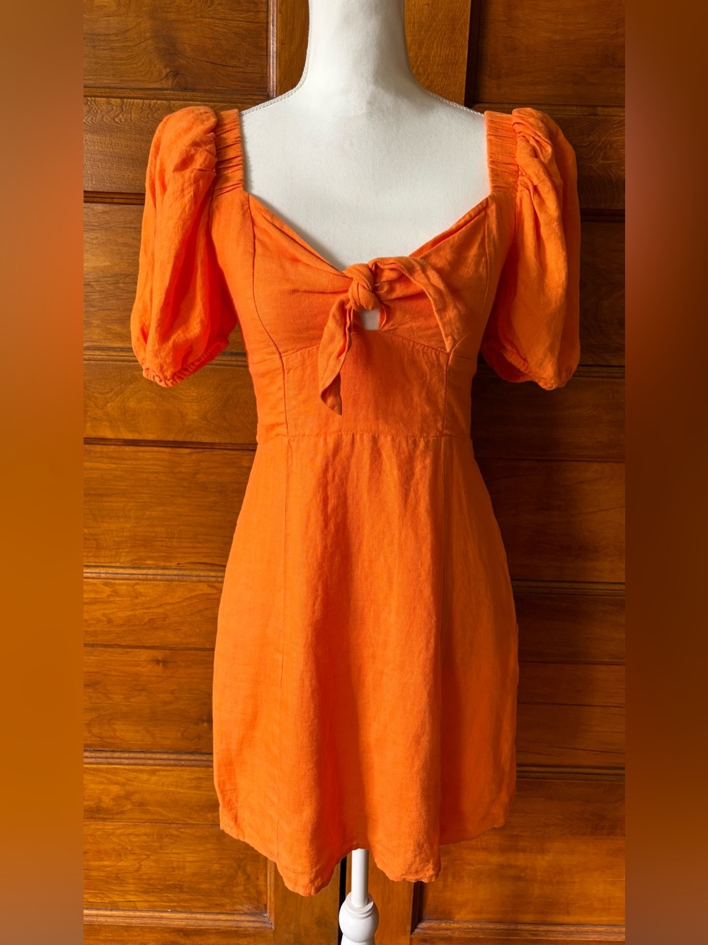 Orange Linen Tie-Front Puff Sleeve Dress